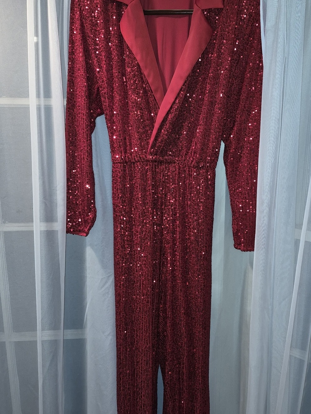 INC International Concepts Red Sequin Long-Sleeve Jumpsuit